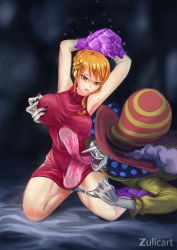 Rule 34 | 1boy, 1girl, age difference, breasts, charlotte perospero, cleavage, dress, imminent rape, large breasts, licking, long hair, nami (one piece), older man and younger girl, one piece, orange hair, red dress, smile