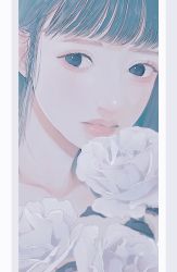 Rule 34 | 1girl, absurdres, blue hair, blunt bangs, flower, highres, lipstick, looking at viewer, makeup, original, parted lips, pink lips, portrait, rose, solo, tsunko (9v2 q), white flower, white rose