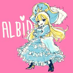 Rule 34 | 1girl, awilda (p&amp;d), blonde hair, blue dress, blue eyes, blue hat, blue pantyhose, blush, breasts, character name, cleavage, dress, feathers, frilled dress, frilled sleeves, frills, full body, hat, hat feather, high heels, highres, long hair, long sleeves, open mouth, pantyhose, pikomarie, pink background, pirate, pirate hat, puffy long sleeves, puffy sleeves, puzzle &amp; dragons, simple background, smile, solo, tricorne