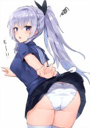 Rule 34 | 1girl, ass, azur lane, black skirt, blue eyes, braid, clothes lift, commentary request, cowboy shot, crown braid, employee uniform, grabber tool, highres, lawson, light purple hair, long hair, looking at viewer, nonon (xenonbot), panties, pleated skirt, rodney (azur lane), rodney (one day as a trainee clerk) (azur lane), skirt, skirt lift, solo, thighhighs, underwear, uniform, very long hair, white panties, white thighhighs