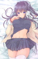 Rule 34 | 1girl, bed sheet, blue shirt, blue skirt, blush, breasts, clannad, closed mouth, clothes lift, commentary request, curvy, eyelashes, eyes visible through hair, frilled ribbon, frills, frown, fujibayashi kyou, furrowed brow, groin, hair between eyes, hair intakes, hair ribbon, hair spread out, hand up, highres, hikarizaka private high school uniform, jacket, large breasts, lips, long hair, long sleeves, looking down, lying, miniskirt, navel, on back, open clothes, open jacket, pleated skirt, purple eyes, purple hair, puya, ribbon, sailor collar, school uniform, shiny skin, shirt, shirt lift, skirt, solo, stomach, straight hair, sweat, thighhighs, thighs, very long hair, white ribbon, white sailor collar, white thighhighs, yellow jacket, zettai ryouiki