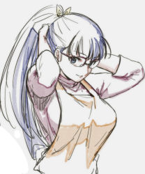 Rule 34 | 1girl, aoba (smartbeat), apron, arms behind head, arms up, blue eyes, breasts, fate/grand order, fate (series), glasses, large breasts, long hair, long sleeves, looking at viewer, martha (fate), ponytail, purple hair, red shirt, shirt, sketch, smile, solo, tying hair