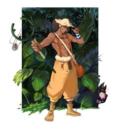 Rule 34 | 1boy, abs, bare shoulders, black hair, clenched teeth, commentary, curly hair, dark-skinned male, dark skin, facial hair, forest, goatee, goggles, goggles around neck, hat, headphones, highres, holding, holding slingshot, holding weapon, ikuman, long nose, looking at viewer, male focus, medium hair, nature, one piece, outdoors, overalls, signature, slingshot (weapon), smile, solo, teeth, topless male, usopp, weapon