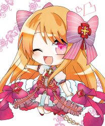 Rule 34 | 1girl, blonde hair, caramelize1101, chaos marie (grimms notes), chibi, grimms notes, hair ribbon, heart, heart-shaped pupils, highres, jewelry, long hair, one eye closed, open mouth, pendant, pink eyes, puffy short sleeves, puffy sleeves, red footwear, ribbon, shoes, short sleeves, smile, solo, symbol-shaped pupils, white background
