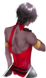 Rule 34 | 1boy, arjuna (fate), armlet, back, back focus, backless dress, backless outfit, bad id, bad pixiv id, bare shoulders, black gloves, black hair, dark-skinned male, dark skin, dress, facing away, fate/grand order, fate (series), from behind, gloves, gold trim, highres, ichinosenen, male focus, red ribbon, ribbon, simple background, solo, upper body, very dark skin, white background