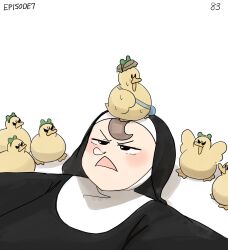 Rule 34 | 1girl, angry, bird, bottle cap, diva (hyxpk), duck, duckling, frog headband, froggy nun (diva), habit, highres, nose bubble, numbered, nun, original, simple background, sleeping, sleeping with eyes open, traditional nun, white background