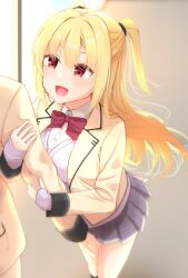 Rule 34 | 1girl, 4lynag, :d, arihara nanami, arm hug, blonde hair, blurry, blush, bow, bowtie, breasts, collared shirt, commentary, depth of field, eyelashes, eyes visible through hair, foreshortening, grey skirt, hair between eyes, half updo, happy, highres, indoors, jacket, large breasts, long hair, looking at another, miniskirt, open clothes, open jacket, open mouth, plaid, plaid skirt, pleated skirt, purple sweater, red bow, red bowtie, red eyes, riddle joker, school uniform, shirt, sidelocks, skirt, sleeves past wrists, smile, solo focus, standing, sweater, two side up, very long hair, white shirt, window, yellow jacket