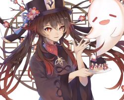 Rule 34 | 1girl, 1other, black hat, boo tao (genshin impact), branch, brown hair, cake, chinese clothes, collared coat, colored tips, floating hair, flower, flower-shaped pupils, food, genshin impact, ghost, hair between eyes, hand up, hat, hat flower, hat tassel, highres, holding, holding plate, hu tao (genshin impact), looking at another, multicolored hair, open mouth, plate, plum blossoms, porkpie hat, red eyes, sidelocks, solo, symbol-shaped pupils, twintails, upper body, xu carman