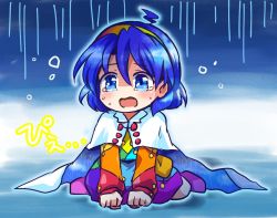 Rule 34 | 1girl, ahoge, blue eyes, blue hair, cape, cloak, crying, crying with eyes open, dress, hairband, long sleeves, multicolored clothes, multicolored dress, multicolored hairband, one-hour drawing challenge, open mouth, patchwork clothes, pote (ptkan), rain print, rainbow gradient, red button, sad, short hair, sky print, tears, tenkyuu chimata, touhou, two-sided cape, two-sided fabric, white cape, white cloak