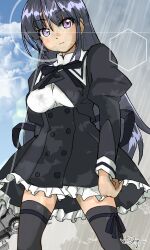 Rule 34 | 1girl, absurdres, arms at sides, artist name, assault lily, black hair, black ribbon, black skirt, black thighhighs, blue sky, breasts, buttons, closed mouth, cloud, commentary request, cowboy shot, day, frilled skirt, frills, hair between eyes, high-waist skirt, highres, holding, holding weapon, juliet sleeves, leg ribbon, long hair, long sleeves, looking at viewer, medium breasts, miniskirt, naganuki shiki, neck ribbon, outdoors, puffy sleeves, purple eyes, ribbon, school uniform, shirai yuyu, shirt, sidelocks, signature, skirt, sky, solo, standing, thigh ribbon, thighhighs, very long hair, weapon, white shirt, yurigaoka girls academy school uniform