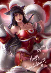 Rule 34 | 1girl, ahri (league of legends), animal ears, artist name, bare shoulders, black hair, china dress, chinese clothes, christmas, dress, fox ears, fox girl, fox tail, league of legends, lipstick, long hair, looking at viewer, makeup, merry christmas, natali-o, red dress, red sleeves, solo, strapless, strapless dress, tail, yellow eyes