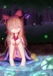 Rule 34 | 1girl, absurdres, barefoot, bow, bush, chain, closed eyes, dior-zi, fireflies, forest, gradient background, hair bow, hands on own knees, head tilt, highres, horn ornament, horn ribbon, horns, ibuki suika, lily pad, long hair, nature, orange hair, orb, pyramid (geometry), ribbon, sitting, skirt, smile, soaking feet, solo, touhou, water, wrist cuffs