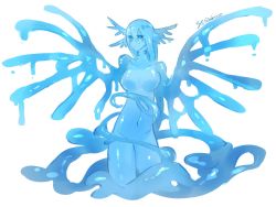 Rule 34 | 1girl, animal ears, blue eyes, blue hair, blue sclera, blue skin, blue theme, breasts, closed mouth, colored sclera, colored skin, completely nude, highres, large breasts, looking at viewer, monochrome, monster girl, navel, nude, original, ruteko (ruko220), simple background, skeletal wings, slime girl, smile, solo, spread wings, standing, twitter username, white background, wings