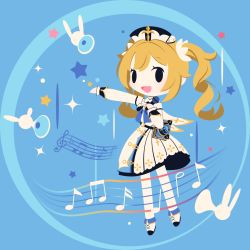 Rule 34 | :d, barbara (genshin impact), beamed eighth notes, black eyes, blonde hair, blue background, chibi, cobalta, cross, detached sleeves, dress, genshin impact, holding, holding microphone, latin cross, microphone, musical note, open mouth, outstretched arm, pale skin, seelie (genshin impact), sleeveless, sleeveless dress, smile, solo, star (symbol), twintails, vision (genshin impact), white dress