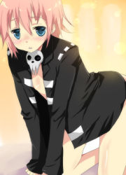 Rule 34 | 00s, all fours, androgynous, blue eyes, blush, bottomless, crona (soul eater), gender request, jacket, pink hair, short hair, soul eater