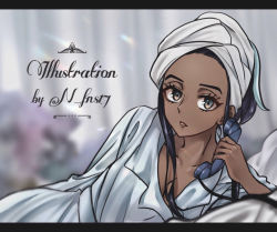 Rule 34 | 1girl, alternate costume, bathrobe, black hair, blue hair, blurry, breasts, cleavage, collarbone, commentary request, creatures (company), dark-skinned female, dark skin, echizen (n fns17), eyelashes, game freak, holding, holding phone, long hair, looking at viewer, multicolored hair, nessa (pokemon), nintendo, parted lips, phone, pokemon, pokemon swsh, sidelocks, solo, towel, towel on head, two-tone hair