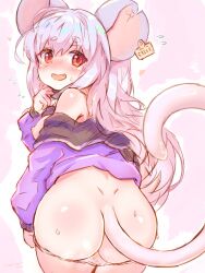 Rule 34 | 1girl, animal ears, ass, blush, breasts, ear tag, fang, flying sweatdrops, from behind, grey hair, highres, leaning forward, long hair, looking at viewer, looking back, medium breasts, mouse ears, mouse girl, mouse tail, nipples, no bra, no pants, off shoulder, ooba jun, open clothes, open mouth, open shirt, original, panties, panty pull, purple shirt, red eyes, shirt, smile, solo, sweat, tail, thighs, underwear, white panties