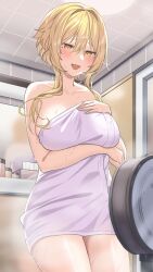 Rule 34 | 1girl, absurdres, alternate breast size, bare shoulders, bathroom scale, blonde hair, blush, breasts, collarbone, contemporary, genshin impact, half-closed eyes, highres, large breasts, long hair, lumine (genshin impact), mirror, naked towel, o-los, open mouth, short hair with long locks, solo, standing, tile wall, tiles, tissue box, towel, weighing scale, weight conscious, wet, yellow eyes