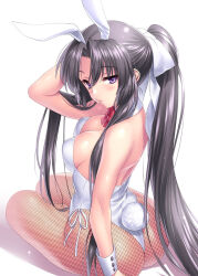 Rule 34 | 1girl, alternate costume, alternate hairstyle, animal ears, arm at side, arm up, ass, back, bare shoulders, black hair, black ribbon, blush, bow, bowtie, breasts, bunny day, cleavage, collar, commentary request, curvy, detached collar, eyes visible through hair, fake tail, fishnet pantyhose, fishnets, from behind, hair bow, hair over shoulder, half-closed eyes, jitome, kurugaya yuiko, large breasts, leotard, lips, little busters!, long hair, looking at viewer, looking back, pantyhose, parted bangs, parted lips, playboy bunny, ponytail, purple eyes, rabbit ears, rabbit tail, red bow, red bowtie, ribbon, shiny skin, sidelocks, simple background, sitting, skindentation, solo, straight hair, strapless, strapless leotard, tail, thighs, very long hair, white background, white bow, white collar, white leotard, white wrist cuffs, wrist cuffs, yokozuwari, zen (kamuro)