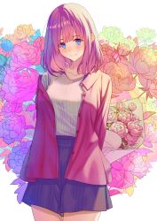 Rule 34 | 07nono06, 1girl, absurdres, black skirt, blue eyes, blush, bouquet, collarbone, cowboy shot, floral background, flower, highres, holding, holding bouquet, jacket, light smile, looking at viewer, medium hair, open clothes, open jacket, original, peony (flower), pink hair, shirt, skirt, solo, striped clothes, striped shirt, striped skirt, white shirt