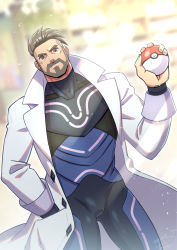 Rule 34 | 1boy, blurry, blurry background, bodysuit, collared shirt, creatures (company), day, energy camdy, frown, game freak, green eyes, grey hair, hand in pocket, highres, light, light rays, looking at viewer, male focus, mature male, muscular, muscular male, nintendo, open clothes, open shirt, poke ball, pokemon, pokemon sv, shirt, smirk, solo, thick eyebrows, turo (pokemon), undercut