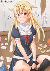 Rule 34 | 1girl, anti (untea9), black ribbon, black serafuku, black skirt, blonde hair, chips (food), commentary request, food, full body, hair flaps, hair ornament, hair ribbon, hairclip, highres, indian style, kantai collection, long hair, looking at viewer, messy room, neckerchief, pleated skirt, potato chips, red eyes, red neckerchief, ribbon, sailor collar, scarf, school uniform, serafuku, sitting, skirt, solo, tissue box, twitter username, white sailor collar, white scarf, yuudachi (kancolle), yuudachi kai ni (kancolle)
