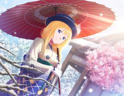 Rule 34 | 1girl, alice zuberg, blonde hair, blue eyes, blue gloves, blue headwear, bow, braid, braided ponytail, closed mouth, day, floral print, game cg, gloves, gradient sleeves, hair over shoulder, holding, holding umbrella, japanese clothes, kimono, long hair, long sleeves, outdoors, ponytail, print kimono, red umbrella, smile, snow, solo, standing, sword art online, umbrella, white gloves, white kimono, wide sleeves
