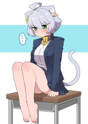 Rule 34 | ..., 1girl, :/, absurdres, ahoge, animal ear fluff, animal ears, bad id, bad pixiv id, bare legs, barefoot, black skirt, blazer, blush, cat ears, cat girl, cat tail, collar, commentary request, desk, earrings, frown, full body, grey hair, hair between eyes, highres, jacket, jewelry, mole, mole under mouth, ngetyan, original, renge (ngetyan), school desk, shirt, short hair, simple background, sitting, skirt, solo, spoken ellipsis, sweatdrop, tail, v-shaped eyebrows, white shirt