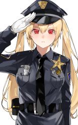 Rule 34 | 1girl, absurdres, alternate costume, aogisa, bad id, bad twitter id, blonde hair, girls&#039; frontline, gloves, hat, highres, holster, long hair, m870 (girls&#039; frontline), necktie, police, police badge, police hat, police uniform, policewoman, radio, red eyes, salute, solo, twintails, uniform, white background