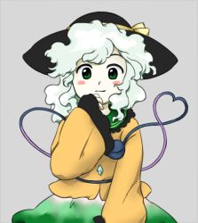Rule 34 | 1girl, black hat, blush stickers, closed mouth, green eyes, green hair, grey background, hand up, hat, hat ribbon, komeiji koishi, long sleeves, medium hair, nonamejd, official style, ribbon, shirt, simple background, skirt, smile, solo, straight-on, third eye, touhou, wide sleeves, yellow ribbon, yellow shirt, zun (style)