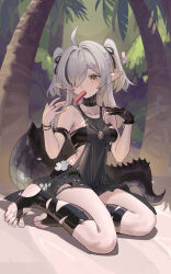 Rule 34 | 1girl, ahoge, arknights, black dress, breasts, bridal legwear, candy, closed mouth, constant qiu, crocodilian tail, day, dress, food, food in mouth, full body, gloves, grey hair, hair over one eye, hair ribbon, highres, jewelry, lollipop, long hair, medium breasts, mouth hold, no shoes, outdoors, partially fingerless gloves, pointy ears, ribbon, ring, single glove, solo, tail, tomimi (arknights), tree, two side up, yellow eyes