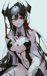 Rule 34 | 1girl, 9750isz, black hair, breasts, cleavage, detached collar, dragon girl, dragon horns, dragon wings, facing viewer, gloves, hand on own chest, heterochromia, high ponytail, highres, horns, jewelry, long hair, medium breasts, off shoulder, original, pale skin, partially fingerless gloves, pointy ears, red eyes, smile, solo, thighs, upper body, white background, white eyes, wings