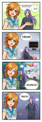 ... 1girl 2boys 4koma :d :| absurdres black_kimono blue_bow blue_bowtie blue_brooch blue_sailor_collar bow bowtie brooch brother_and_sister closed_eyes closed_mouth comic day dropped_food expressionless flat_screen_tv floral_print food food_truck french_text game_console hair_between_eyes highres holding holding_food holding_ice_cream ice_cream introduction japanese_clothes jewelry kimono long_hair looking_at_viewer looking_back multiple_boys nadeshicon nadeshiko_(nadeshicon) obi official_art open_mouth orange_eyes orange_hair outdoors ponytail print_kimono purple_hair sailor_collar saito_(nadeshicon) sash second-party_source shirt short_hair short_sleeves siblings sitting smile sparkling_aura speech_bubble spoken_ellipsis standing tearing_up television translation_request vikisaki white_shirt yellow_eyes you_died