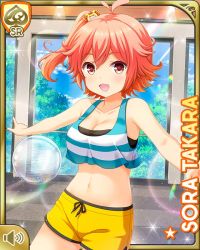 1girl black_bra blue_shirt bra card character_name day girlfriend_(kari) gym indoors official_art open_mouth pink_eyes pink_hair qp:flapper shirt shorts side_ponytail smile solo tagme takara_sora underwear yellow_shorts