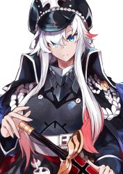 Rule 34 | armor, azur lane, black coat, blue eyes, breastplate, coat, cross, hair between eyes, hair over one eye, hat, head tilt, highres, holding, holding sword, holding weapon, iron cross, marshall k, multicolored hair, odin (azur lane), open clothes, open coat, peaked cap, red hair, sheath, sheathed, simple background, solo, streaked hair, sword, weapon, white background, white hair
