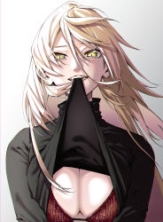 Rule 34 | 1girl, absurdres, black sweater, blonde hair, bra, breasts, cleavage, clothes in mouth, clothes lift, commentary request, fangs, gradient background, highres, large breasts, lifted by self, long hair, looking at viewer, mouth hold, nijisanji, nui sociere, red bra, shirt in mouth, smile, solo, sweater, sweater lift, teeth, teeth hold, turtleneck, turtleneck sweater, underwear, upper body, vice (kuronekohadokoheiku), virtual youtuber, yellow eyes
