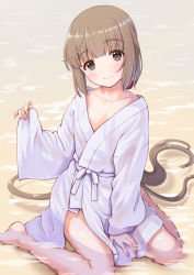 Rule 34 | 1girl, blunt bangs, brown eyes, brown hair, closed mouth, collarbone, copyright request, highres, kaishinshi, long hair, looking at viewer, partially submerged, sitting, smile, solo, wet
