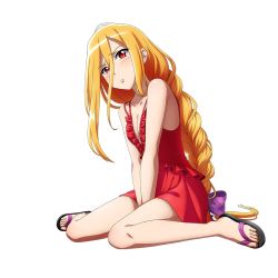 1girl, blonde hair, blush, braid, braided ponytail, cape, dress swimsuit, evileye, flip-flops, full body, long hair, official art, overlord (maruyama), purple ribbon, red eyes, red swimsuit, ribbon, sandals, solo, swimsuit, tagme, transparent background, vampire