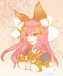 Rule 34 | 10s, 1girl, alternate costume, alternate hairstyle, amaterasu (fate), animal ears, breasts, fate/extra, fate/extra ccc, fate (series), fox ears, hair ribbon, large breasts, long hair, millipen (medium), pink hair, ribbon, solo, tamamo (fate), tamamo no mae (fate/extra), tiara, traditional media, underboob, yellow eyes, yoshinamiuijin