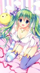 Rule 34 | 1girl, :d, :|, absurdres, asymmetrical legwear, blue eyes, blush, breasts, cleavage, closed mouth, collarbone, downblouse, full body, garter straps, green hair, highres, jacket, jewelry, long hair, long sleeves, looking at viewer, looking up, melon-chan, melonbooks, mismatched legwear, necklace, open mouth, purple thighhighs, ryouka (suzuya), sitting, smile, smiley face, solo, spread legs, striped background, striped clothes, striped thighhighs, tareme, thighhighs, twintails, uneven legwear, vertical stripes, wariza