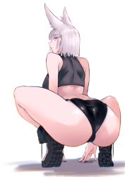 Rule 34 | 1girl, absurdres, all fours, animal ears, arched back, arm support, ass, ass focus, back, bare shoulders, black footwear, black panties, black shirt, boots, breasts, cameltoe, chromatic aberration, commission, crop top, extra ears, from behind, highres, looking at viewer, looking back, original, panties, parted lips, pink eyes, profile, rowkiba, shiny clothes, shirt, short hair, simple background, sleeveless, sleeveless shirt, solo, squatting, thighs, tiptoes, underwear, white background, white hair, wolf ears
