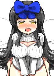 Rule 34 | 1girl, black hair, blush, bottomless, bow, breasts, cleavage cutout, clothing cutout, gaoo (frpjx283), hair bow, highres, large breasts, long hair, meme attire, open-chest sweater, open mouth, ribbed sweater, sitting, solo, star sapphire, sweater, touhou, very long hair, wariza, yellow eyes