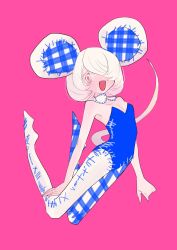 Rule 34 | 1girl, animal ears, asymmetrical legwear, bad id, bad twitter id, bare shoulders, blue legwear, breasts, cleavage, highres, inata17ta, mouse ears, mouse tail, open mouth, original, pink background, pink eyes, plaid, plaid legwear, short hair, simple background, small breasts, smile, solo, tail, uneven legwear, white hair