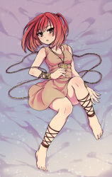 Rule 34 | 1girl, absurdres, ankle lace-up, barefoot, blush, chain, cross-laced footwear, dress, female focus, full body, highres, lying, magi the labyrinth of magic, mono land, morgiana, on back, red eyes, red hair, sand, short dress, solo, white dress, wrist cuffs