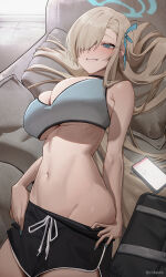 Rule 34 | 1girl, asuna (blue archive), black shorts, blue archive, blush, bra, breasts, cellphone, chilakkk, commentary, dolphin shorts, fingernails, grey bra, groin, hair over one eye, hair spread out, halo, highres, large breasts, light brown hair, looking at viewer, nail polish, navel, one eye covered, phone, short shorts, shorts, smile, solo, stomach, underboob, underwear