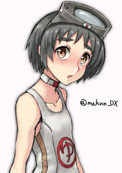 Rule 34 | 1girl, black hair, brown eyes, choker, diving mask, diving mask on head, goggles, goggles on head, highres, kantai collection, looking at viewer, maakun (makun dx), maru-yu (kancolle), one-hour drawing challenge, one-piece swimsuit, parted bangs, school swimsuit, short hair, simple background, solo, swimsuit, thick eyebrows, twitter username, upper body, white background, white one-piece swimsuit
