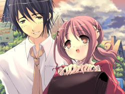 Rule 34 | 1boy, 1girl, :d, bag, black hair, blush, brown eyes, close-up, cloud, cloudy sky, collared shirt, day, flying sweatdrops, game cg, holding, ito noizi, murakami hisato, necktie, open mouth, outdoors, parted lips, peace@pieces, pink eyes, pink hair, plant, school bag, shirt, sign, sky, smile, sweatdrop, takanashi homare, teeth, tree, upper body, white shirt