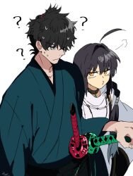 Rule 34 | 1boy, 1other, ?, ahoge, androgynous, black hair, braid, braided ponytail, brown eyes, closed mouth, commentary request, fate/samurai remnant, fate (series), frown, green kimono, hair between eyes, hair intakes, japanese clothes, jitome, katana, kimono, long hair, looking at another, miyamoto iori (fate), o3o, pirohi (pirohi214), pouch, pout, puff of air, samurai, shirt, short hair, simple background, spiked hair, sweatdrop, sword, upper body, weapon, white background, white shirt, yamato takeru (fate)