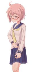 Rule 34 | 1girl, ahoge, blue skirt, blush, breasts, brown eyes, closed mouth, collarbone, embarrassed, feet out of frame, glasses, groin, highres, looking to the side, nonohara yuzuko, panties, pink hair, school uniform, school uniform (yuyushiki), serafuku, shiny skin, short hair, simple background, skirt, small breasts, solo, standing, underwear, undressing, white background, white panties, yuukin, yuyushiki