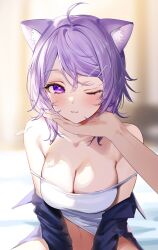 Rule 34 | 1girl, 1other, :3, ahoge, alternate costume, animal ear fluff, animal ears, bare shoulders, blue shirt, blurry, blurry background, blush, breasts, camisole, cat ears, cat girl, cleavage, collarbone, commentary request, hair ornament, hairclip, hand on another&#039;s chin, highres, hololive, kuma daigorou, large breasts, looking at viewer, medium hair, midriff, navel, nekomata okayu, no pants, off shoulder, on bed, one eye closed, open clothes, open shirt, pov, purple eyes, purple hair, shirt, sitting, solo focus, swept bangs, virtual youtuber, white camisole